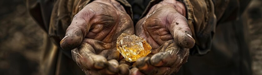 Obraz premium Photo of a miner s hands holding a shiny gold nugget, emphasizing the tangible rewards and hard-earned success in the mining industry