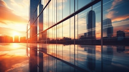 Obraz premium Modern office building or business center. High-rise window buildings made of glass reflect the clouds and the sunlight. empty street outside wall modernity civilization. growing up business