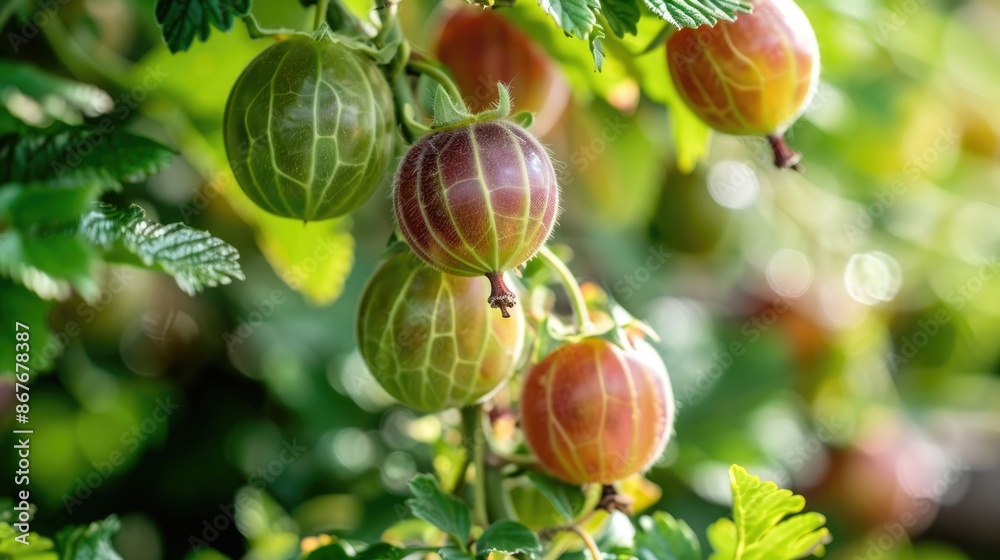 Canvas Prints close up of ripe organic gooseberry on bush ready to harvest