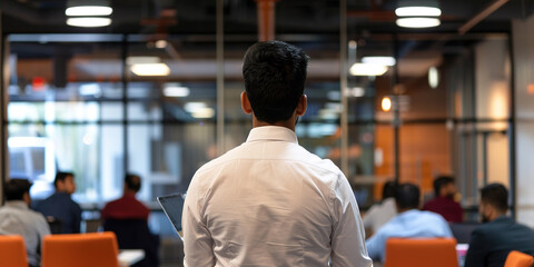  Indian corporate leader presenting to colleagues in a light-filled glass office, a snapshot of contemporary business dynamics and collaboration.
