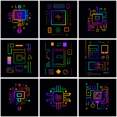 ハイテクな光と線の幾何学画セット　Generative AI