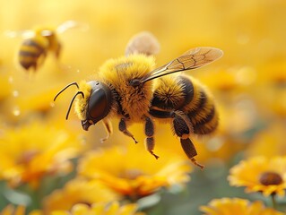 Macro shot of a honeybee in flight over vibrant yellow flowers with another bee in the background, capturing the essence of nature's beauty.