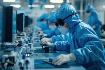 Engineers in blue protective suits meticulously work on a microelectronics development line, showcasing precision and innovation in hardware manufacturing