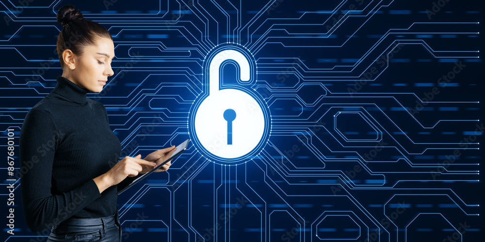 Poster a woman using a smartphone with a digital lock symbol on a circuit board background, representing da
