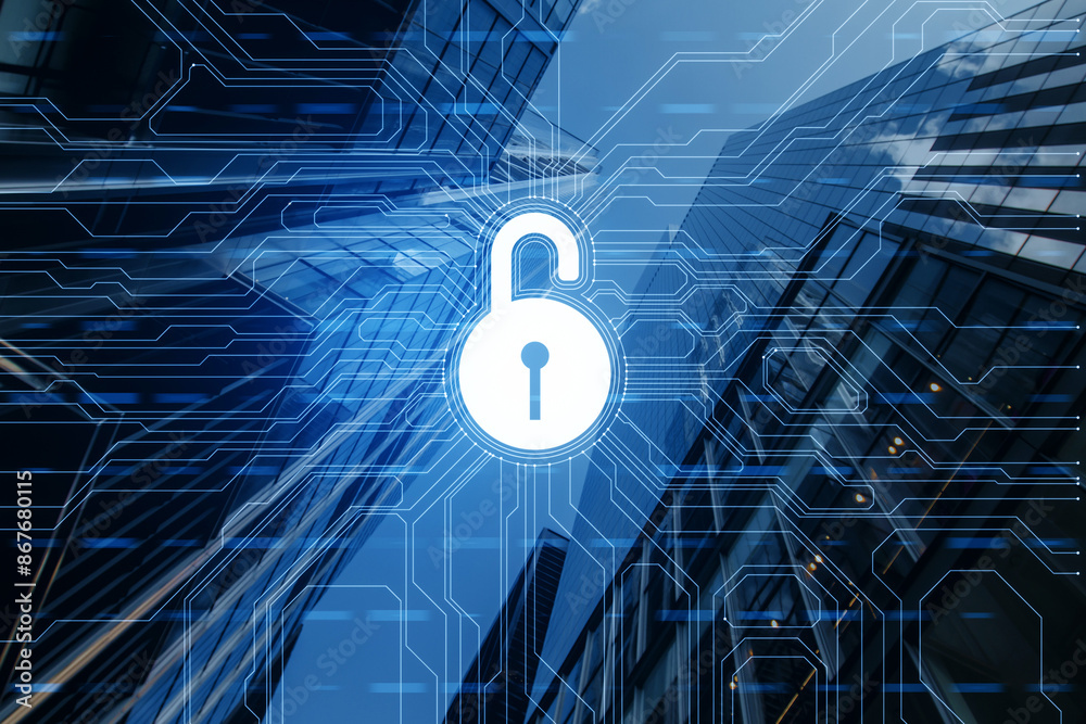 Poster A digital concept of cybersecurity with a padlock icon overlaying a cityscape and circuit patterns, set against a dark blue background
