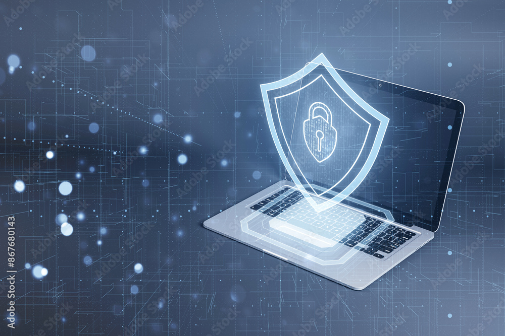 Poster laptop with a digital shield depicting cybersecurity concept on a blue tech-inspired background