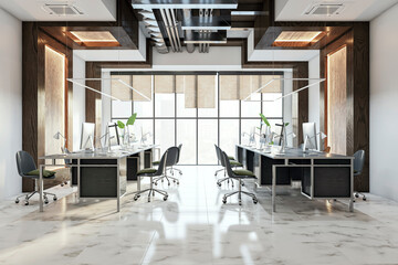 Modern office interior with empty desks and computers, marble floor, large windows, and a cityscape view, illustrating a corporate concept. 3D Rendering