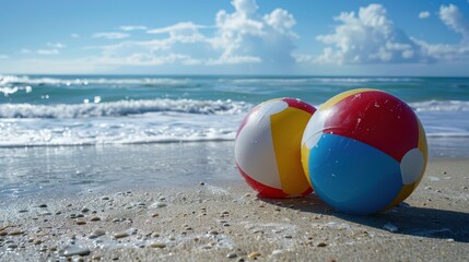 Vibrant Beach Balls on Sandy Beach with Ocean Waves in Background