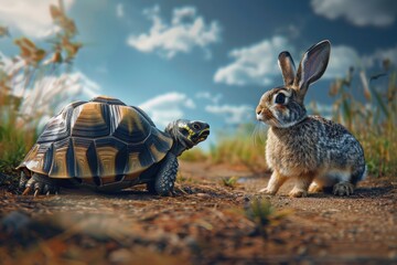 In a twist of fate, a tortoise leads the race against the hare, embodying strategy and leadership in an unexpected turn of events