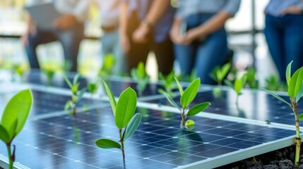 Close-up of solar panels with growing green plants, symbolizing the sustainable and renewable nature of clean energy
