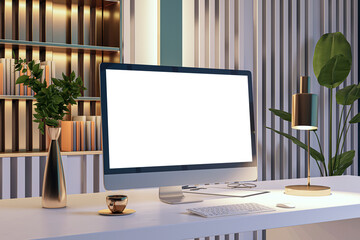 Modern workspace with computer on desk, indoor plants, books, and lamp, in a room with striped walls, concept of a home office. 3D Rendering