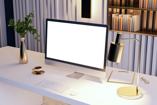 A computer with blank screen on a modern desk with decorative items, against a striped background, concept of office workspace. 3D Rendering