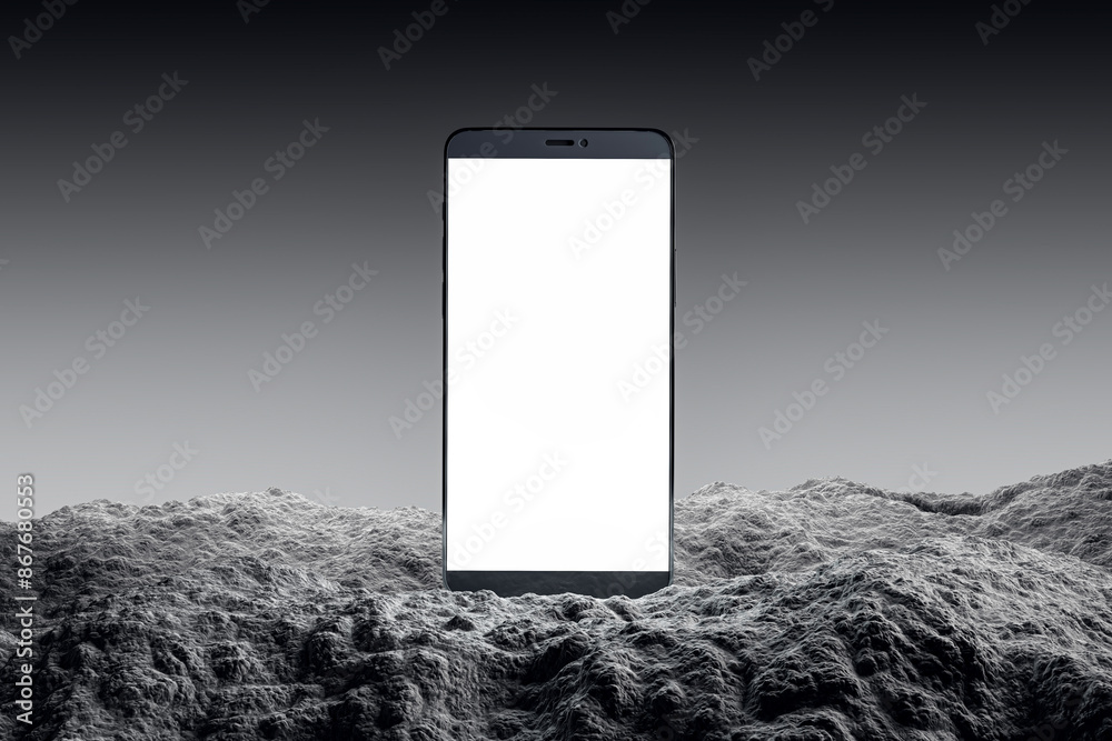 Poster A smartphone with a blank screen on a textured surface, digital concept with a dark background. 3D Rendering