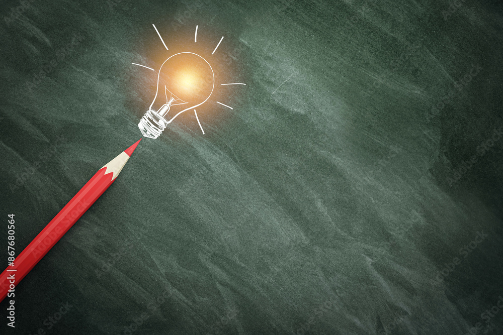 Poster a light bulb drawn above a red pencil on a chalkboard, symbolizing a creative concept on a dark back