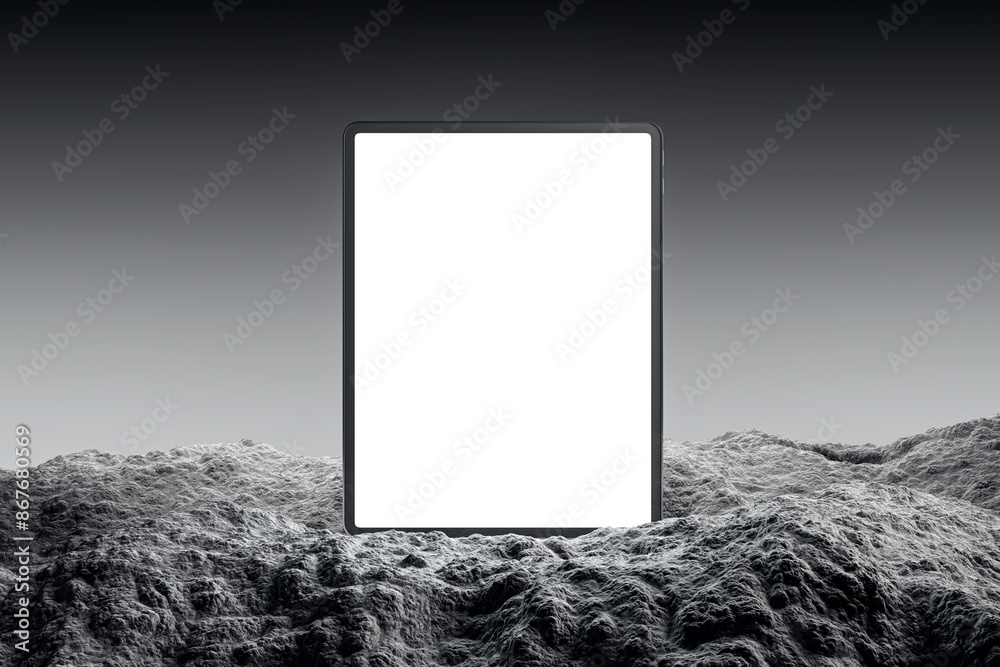 Poster A tablet with a blank screen on a textured mountain-like background, illustrating a concept of digital technology. 3D Rendering