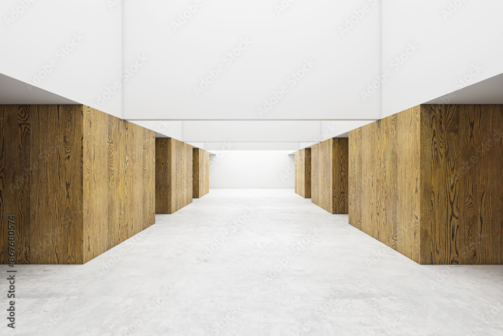 Poster modern hallway with wooden walls and a white floor, in a minimalist style on a bright background, co