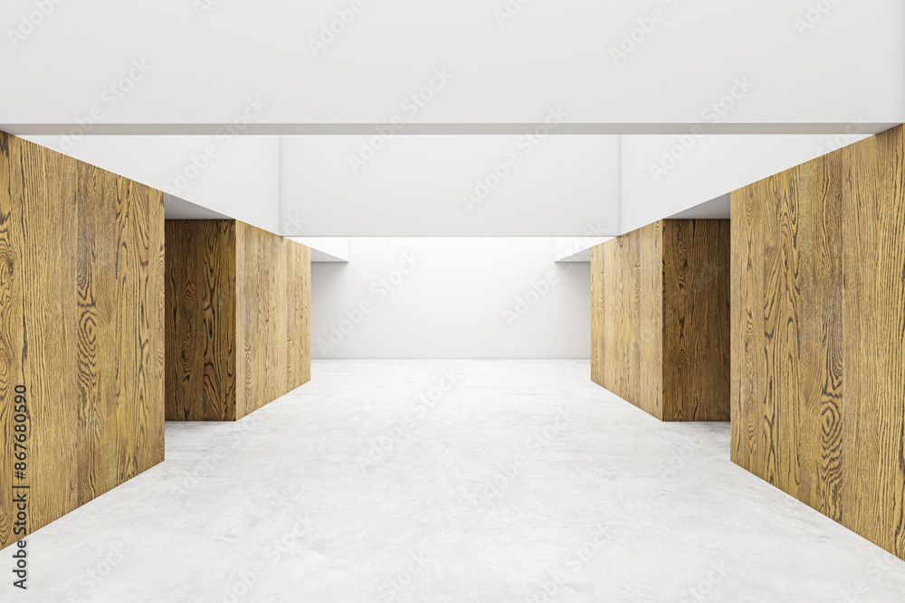 Poster modern empty gallery hall with wooden walls and white flooring, minimalist design on a light backgro