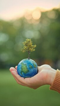 World environment day, B roll - hands of woman holding globe with tree on green tree bokeh background, ecology concept, earth day, Better Environment