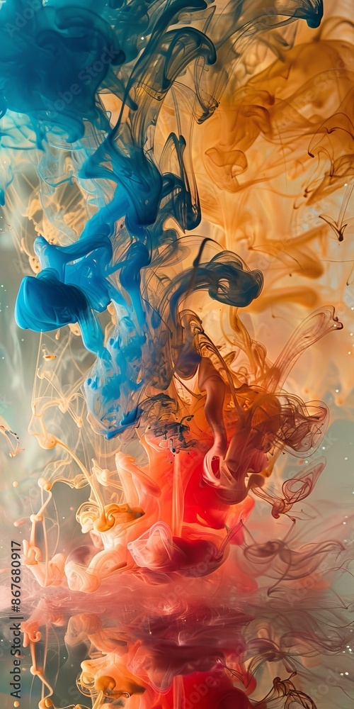 Wall mural A mesmerizing wallpaper of blue and orange ink swirling in water as a dynamic and artistic background representation