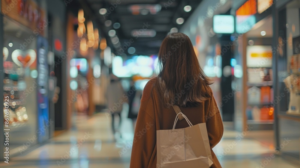 Sticker A woman walks through a modern shopping mall, carrying a white paper bag, suggesting a successful shopping spree