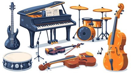 Vector illustrations of different musical instruments piano guitar violin drums with musical notes and performance settings ideal for music education websites and online music lessons