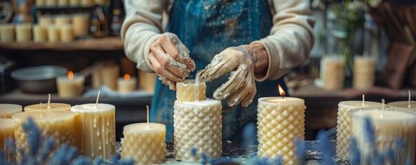 Obraz premium An artisan crafting handmade candles in a cozy workshop, pouring fragrant wax into molds and adding decorative touches.