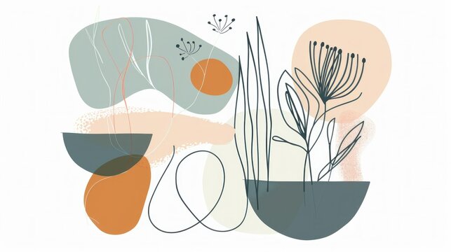 Abstract illustration of plants and vases in orange, blue, and gray color scheme on white background