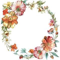 Obraz premium Beautiful floral wreath with colorful flowers arranged in a circular pattern, perfect for decorative use in invitations and designs.