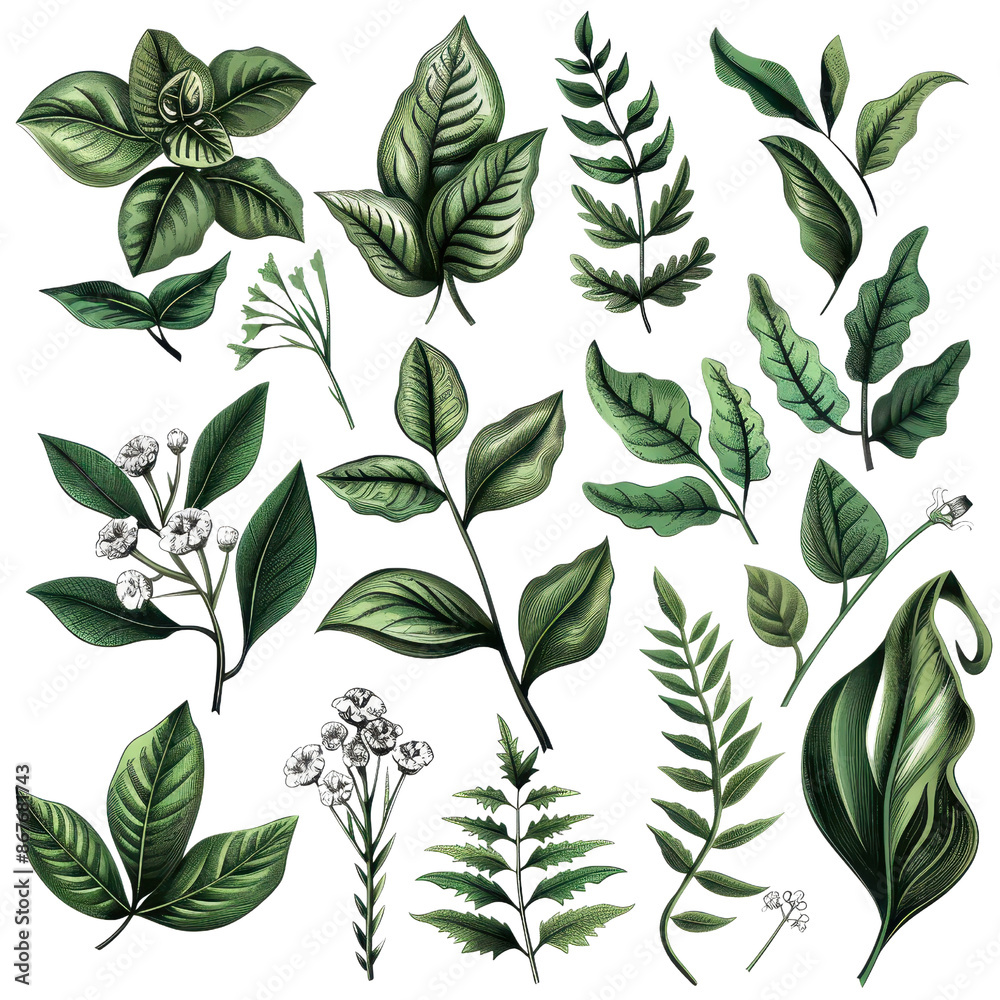 Wall mural Collection of detailed hand-drawn green leaves and floral elements, perfect for botanical and nature-themed designs and projects.