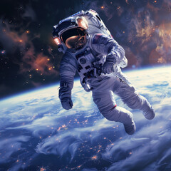 Astronaut floating in outer space above Earth with city lights and nebula background