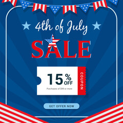 4th of July Sale vector illustration. 15% off coupon template flat design
