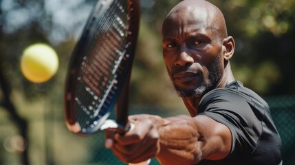 A close-up shot of a male tennis player, with a serious expression on his face, as he prepares to hit a ball with his racket