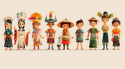 Series of cartoon characters representing diverse cultural identities traditions costumes symbols and artifacts from different regions around the world ideal for cultural diversity awareness campaigns