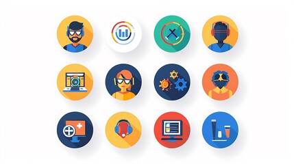 Series of flat design icons representing different professions tech industry software developer UX designer data analyst cybersecurity expert suitable tech career guidance and IT recruitment websites