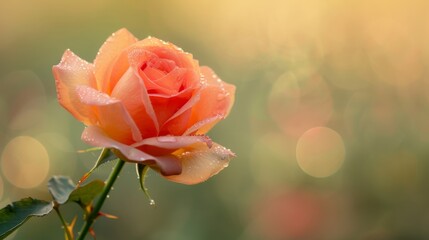 Obraz premium A close-up of a dew-covered rose in the early morning light, its petals vibrant and fresh against a blurred background.