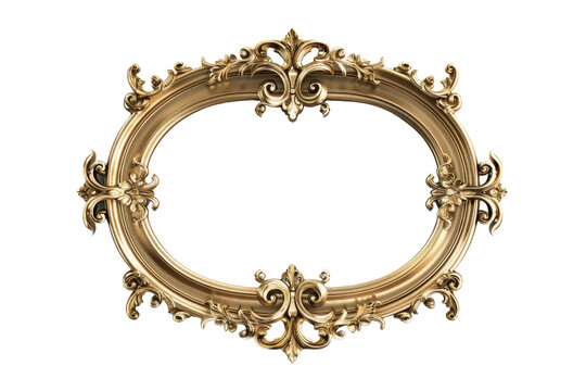 Ornate vintage oval golden frame with intricate floral designs, perfect for art, decoration and photography purposes. Isolated on transparent background.