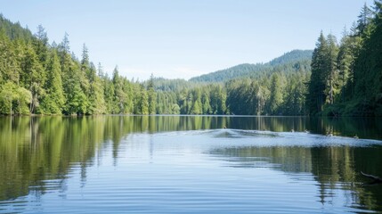 Fototapeta premium A serene lake surrounded by dense forest, with a family of ducks gliding across the still water, framed by towering trees and a clear blue sky.