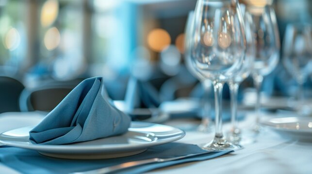 Elegant table setting with blue napkins and empty wine glasses for fine dining experience
