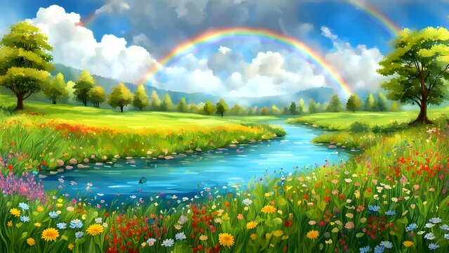Animation Beautiful nature scene with rainbow and flower-filled meadow Seamless looping 4k time-lapse animation video background
