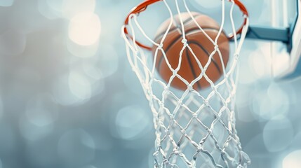 Basketball scoring the winning points, suspended in the net, exhilarating game finish, vivid detail