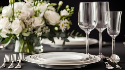 Fototapeta premium Black tablecloth set with elegant silverware, crystal glasses, and fine china, formal dining arrangement in a sophisticated setting, refined ambiance with dim lighting and delicate floral centerpiece