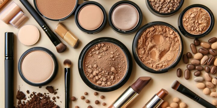 Array of makeup products with natural tones and textures on plain background, highlighting diverse beauty products. Comprehensive makeup collection featuring range of natural colors suitable
