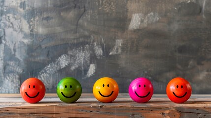 Smiling balls of different colors. Shallow focus. Blurred background. Wooden surface