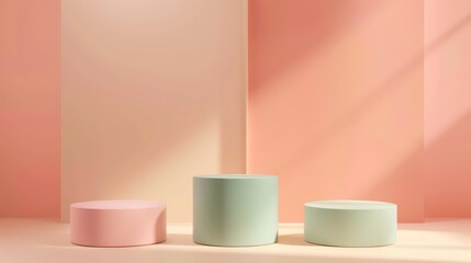 Set of green, orang, pink cylinder pedestal podium display, Empty room background. Abstract modern vector rendering 3d shape for products display presentation. Pastel minimal wall scene, Studio room.