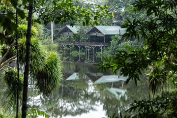 Beautiful houses on the lake in Borneo Rainforest Discovery Center Sabah Borneo Malaysia