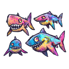 set of sharks Sticker colorful fish 