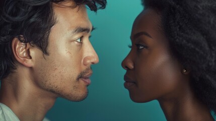 Romantic moment between african american man and woman on blue background in fashion and beauty concept