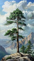 Obraz premium Tall pine tree on rocky cliff with mountains and clouds, nature panorama. Wilderness and adventure concept