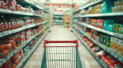 Shopping Cart in Supermarket Aisle with Blurred Product Shelves in Background