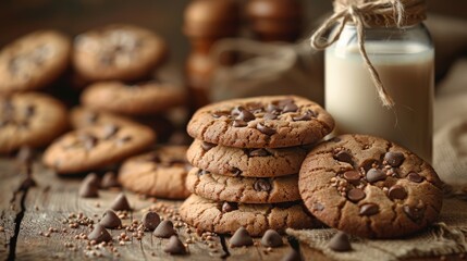 Stack of chocolate chip cookies with bottle of milk on wooden table, rustic setting